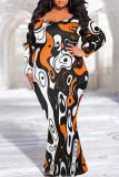 White Sexy Street Leopard Print Gradient Contrast V Neck Fishtail Plus Size Dresses