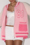 Pink Casual Digital Patchwork Zipper Collar Outerwear