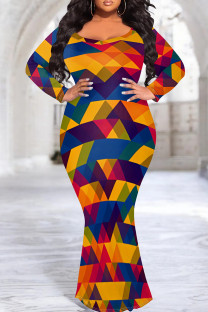 Colour Elegant Print Patchwork O Neck Long Plus Size Dresses