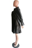 Black Casual Solid Color Pocket Turndown Collar Long Sleeve Dresses