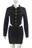 Black Sexy Solid Color Buckle Patchwork Turndown Collar Long Sleeve Two Pieces