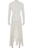 White Elegant Solid Color Lace Patchwork Ruched Off Shoulder Irregular Dresses