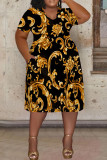 Orange Purple Casual Print Pocket Patchwork V Neck Printed Plus Size Dresses