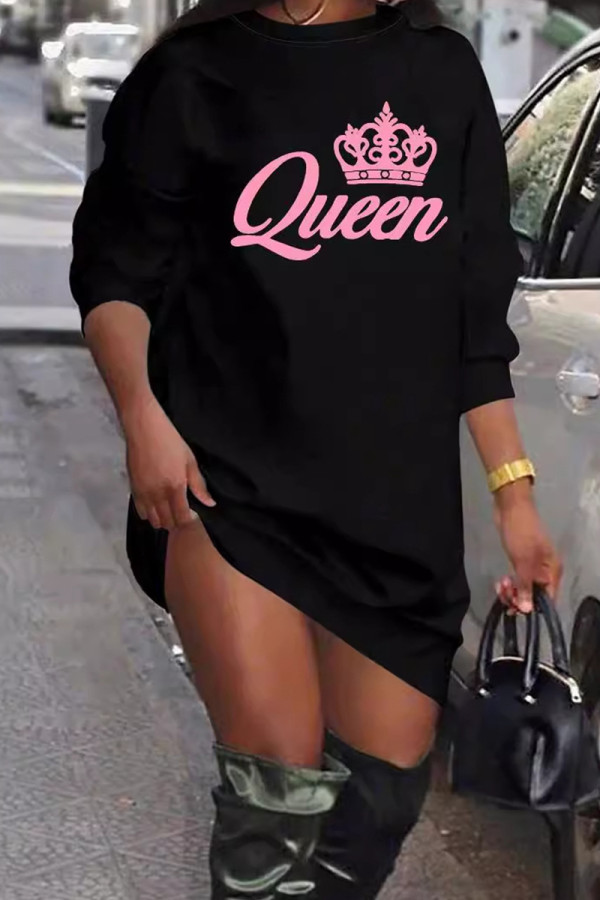 Black Casual Letters Patchwork O Neck Straight Dresses