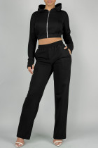 Black Casual Solid Color Pocket Patchwork Zipper Zipper Collar Long Sleeve Two Pieces