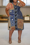 Dark Blue Casual Street Faux Denim Print Pocket Contrast V Neck Printed Plus Size Dresses