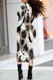 Gray White Street Elegant Geometric Print Flowers Contrast Half A Turtleneck Printed Dresses