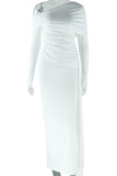 White Elegant Solid Color Patchwork Oblique Collar Long Dresses