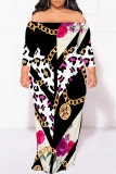 Black Sexy Floral Print Leopard Contrast Off Shoulder Printed Plus Size Dresses(No Belt)