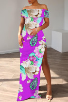 Purple Casual Floral Print Slit Off Shoulder Long Dresses