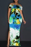 Black Casual Print Slit Off Shoulder Long Dresses