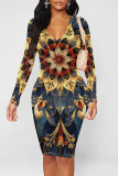 Green Elegant Print Patchwork V Neck Wrapped Skirt Dresses