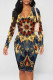 Golden Blue Elegant Print Patchwork V Neck Wrapped Skirt Dresses