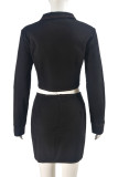 Black Sexy Solid Color Buckle Patchwork Turndown Collar Long Sleeve Two Pieces