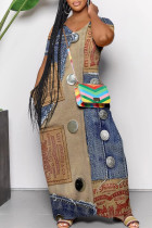Multicolor Sexy Faux Denim Print Pocket Contrast V Neck Printed Dresses