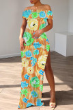 Yellow Casual Floral Print Slit Off Shoulder Long Dresses