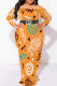 Orange White Elegant Print Patchwork Backless Off Shoulder Printed Plus Size Dresses