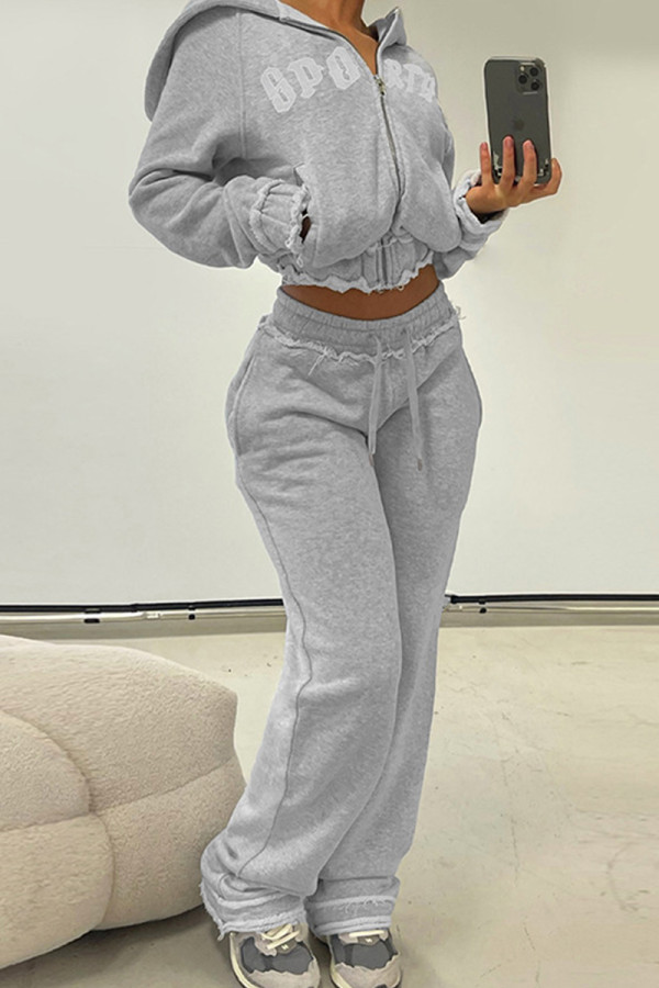 Grey Casual Letters Draw String Pocket Patchwork Zipper Zipper Collar Long Sleeve Two Pieces