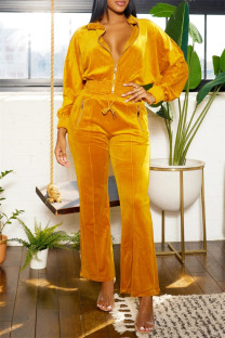 Yellow Casual Solid Color Zipper Turndown Collar Long Sleeve Two Pieces
