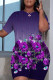 Purple Casual Print Basic O Neck Short Sleeve Two Pieces