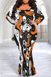 White Sexy Street Leopard Print Gradient Contrast V Neck Fishtail Plus Size Dresses