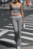 Black Casual Plaid Lace Patchwork Backless Spaghetti Strap Sleeveless Two Pieces