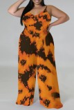 Brown Casual Print Backless V Neck Plus Size Jumpsuits (With Headscarf)
