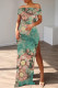 Light Green Casual Floral Print Slit Off Shoulder Long Dresses