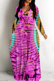 Brown Casual Print Basic V Neck Long Dresses