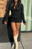 Black Sexy Solid Color Buckle Patchwork Turndown Collar Long Sleeve Two Pieces