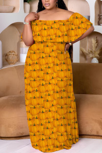 Orange Casual Print Patchwork Off Shoulder Long Plus Size Dresses