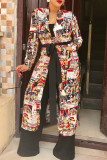 Multicolor Casual Print Patchwork Strap Design Turndown Collar Outerwear