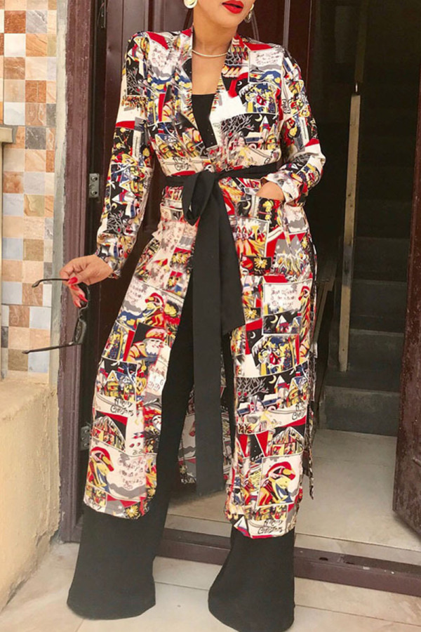 Multicolor Casual Print Patchwork Strap Design Turndown Collar Outerwear