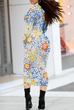 Gray White Street Elegant Geometric Print Flowers Contrast Half A Turtleneck Printed Dresses