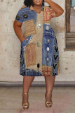 Dark Blue Casual Street Faux Denim Print Pocket Contrast V Neck Printed Plus Size Dresses