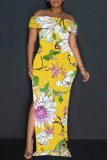Yellow Casual Floral Print Slit Off Shoulder Long Dresses
