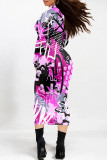 Gray White Street Elegant Geometric Print Flowers Contrast Half A Turtleneck Printed Dresses