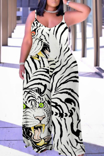 White Casual Print Backless V Neck Plus Size Jumpsuits (With Headscarf)