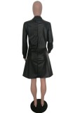 Black Casual Solid Color Pocket Turndown Collar Long Sleeve Dresses