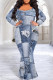 Baby Blue Sexy Faux Denim Print Contrast V Neck Fishtail Plus Size Dresses