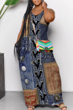 Baby Blue Sexy Faux Denim Print Pocket Contrast V Neck Printed Dresses
