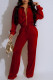 Red Casual Solid Color Draw String Pocket Patchwork Zipper Zipper Collar Long Sleeve Two Pieces