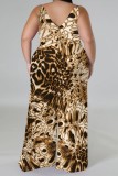 Brown Casual Print Backless V Neck Plus Size Jumpsuits (With Headscarf)