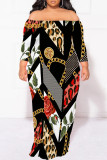 Black Sexy Floral Print Leopard Contrast Off Shoulder Printed Plus Size Dresses(No Belt)
