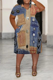 Dark Blue Casual Street Faux Denim Print Pocket Contrast V Neck Printed Plus Size Dresses