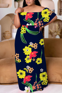 Tibetan Blue Casual Floral Print Patchwork Backless Off Shoulder Long Plus Size Dresses