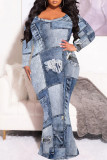 Multicolor Sexy Faux Denim Print Contrast V Neck Fishtail Plus Size Dresses