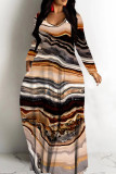 Brown Casual Print Basic V Neck Long Dresses