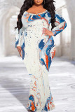 White Sexy Street Leopard Print Gradient Contrast V Neck Fishtail Plus Size Dresses