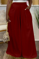 Burgundy Casual Street Daily Solid Color Pocket Loose High Waist Wide Leg Solid Color Bottoms